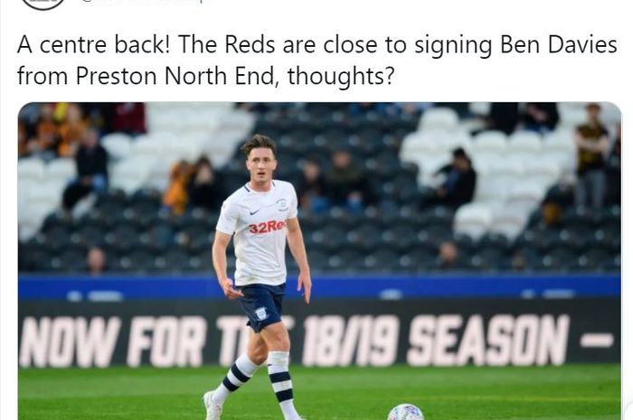 Pemain Preston North End, Ben Davies digadang-gadang akan menjadi bek anyar Liverpool sebelum tenggat bursa transfer musim dingin, Senin (1/2/2021).