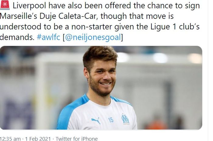 Liverpool dikabarkan juga tengah menjalin kesepakatan dengan bek Marseille, Duje Caleta-Car sebelum tenggat transfer musim dingin, Senin (1/2/2021).