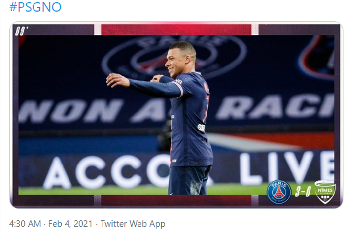 Penyerang PSG, Kylian Mbappe, merayakan gol yang dia cetak ke gawang Nimes dalam laga pekan ke-23 Liga Prancis 2020-2021.