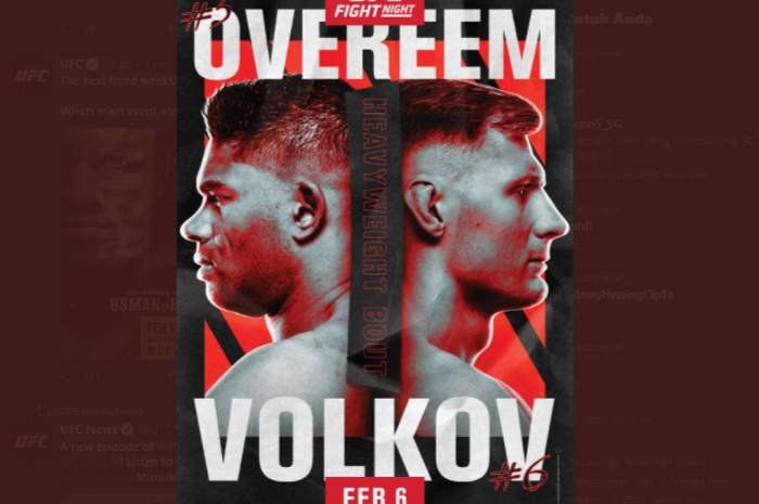 Poster pertarungan UFC Vegas 18 antara Alistair Overeem vs Alexander Volkov pada Minggu (7/2/2021).