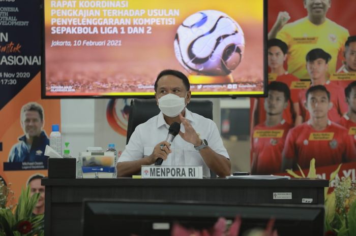 Menteri Pemuda dan Olahraga, Zainudin Amali, dalam pertemuan dengan PSSI, PT LIB, dan Polri untuk membahas nasib Liga 1 dan Liga 2, Rabu (10/2/2021).