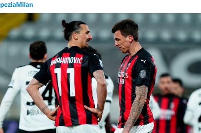 Dua bomber AC Milan, Zlatan Ibrahimovic dan Mario Mandzukic, tak berdaya saat dikalahkan Spezia dalam lanjutan Liga Italia, 13 Februari 2021.