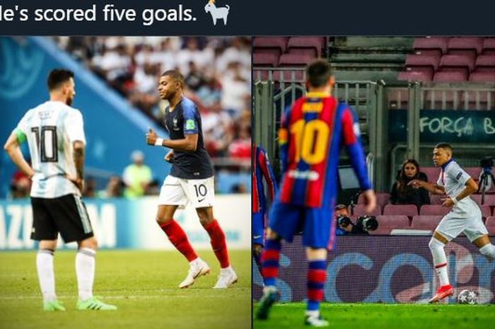 Lionel Messi dua kali tertunduk lesu saat berhadapan langsung dengan Kylian Mbappe, baik bersama timnas Argentina maupun Barcelona.