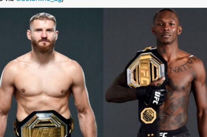 Juara kelas berat ringan, Jan Blachowicz (kiri), dengan Juara kelas menengah, Israel Adesanya (kanan)