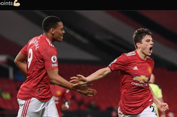 Ekspresi Daniel James usai mencetak satu gol dalam kemenangan 3-1 Manchester United atas Newcastle United.