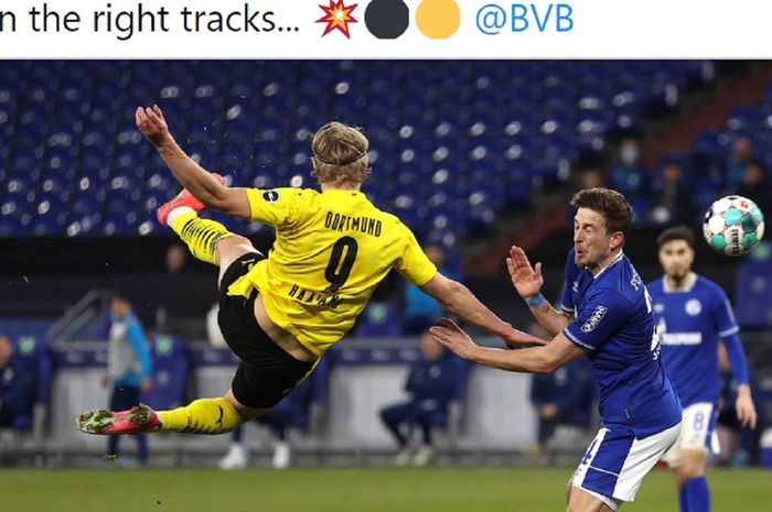 Striker Borussia Dortmund, Erling Haaland, mencetak gol akrobatik ke gawang Schalke, Sabtu (20/2/2021) waktu setempat atau Minggu dini hari WIB di VELTINS-Arena.