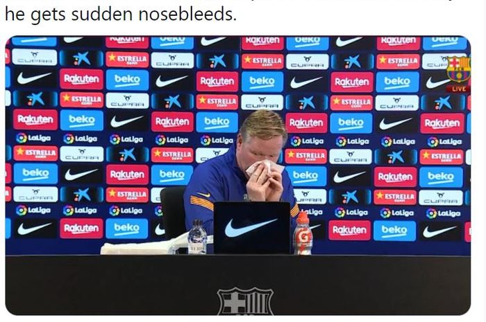 Pelatih Barcelona, Ronald Koeman mengalami mimisan saat berbicara di konferensi pers jelang laga Sevilla Vs Barcelona, Sabtu (27/2/2021).