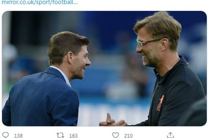 Pelatih Rangers sekaligus legenda Liverpool, Steven Gerrard, dikabarkan akan menggantikan Juergen Klopp yang dikhawatirkan akan melatih timnas Jerman.