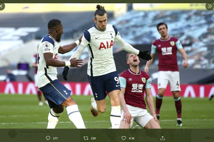 Gareth Bale ketika merayakan golnya dalam laga Tottenham Hotspur vs Burnley, Minggu (28/2/2021) malam WIB.