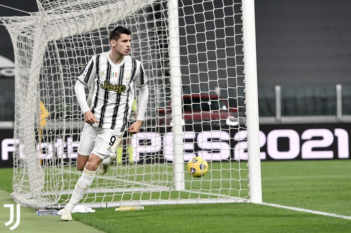 Selebrasi striker Juventus, Alvaro Morata, usai menjebol gawang Spezia pada pekan ke-25 Liga Italia, Rabu (3/3/2021) pukul 02.45 WIB di Stadion Allianz