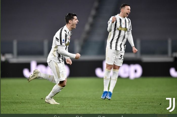 Selebrasi striker Juventus, Alvaro Morata, seusai menjebol gawang Spezia dalam laga pada Selasa (2/3/2021).
