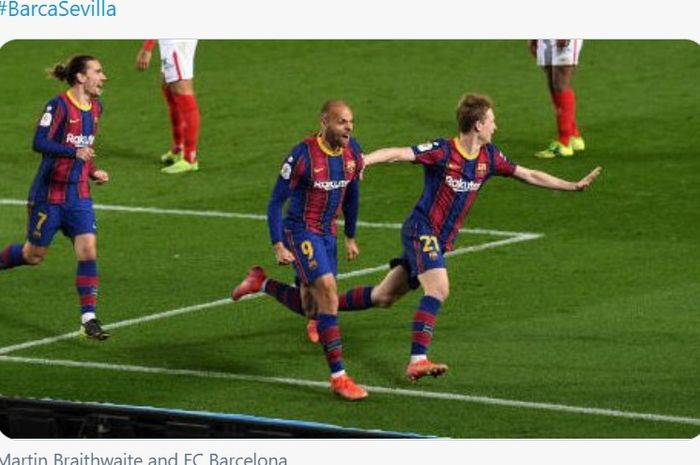 Martin Braithwaite mencetak gol yang memastikan Barcelona melakukan comeback menang 3-0 atas Sevilla di leg kedua semifinal Copa del Rey, Rabu (3/3/2021) di Camp Nou. 