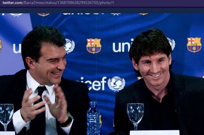 Presiden terpilih Barcelona, Joan Laporta, dan megabintang klub, Lionel Messi. 