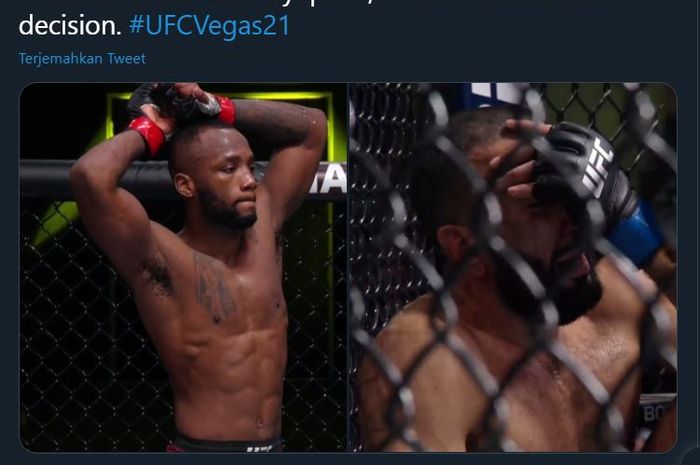 Kolase foto antara Leon Edwards (kiri) dan Belal Muhammad (kanan) saat tampil pada ajang UFC Vegas 21, Minggu (14/3/2021).