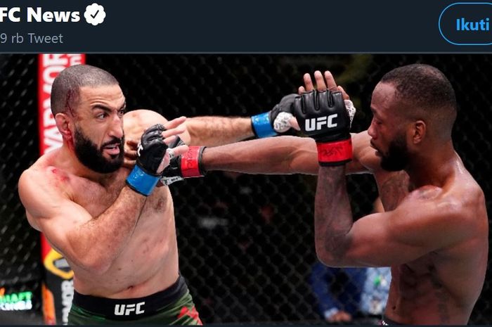 Ketika Belal Muhammad (kiri) dan Leon Edwards (kanan) saling melandaskan pukulan. Duel kedua petarung itu berlangsung pada ajang UFC Vegas 21, Minggu (14/3/2021).