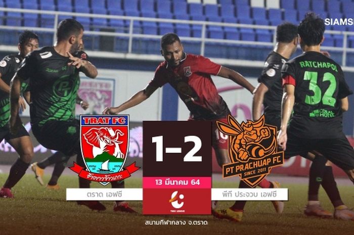 PT Prachuap menang tipis 1-2 atas Trat FC pada lanjutan pekan ke-27 Liga Thailand.