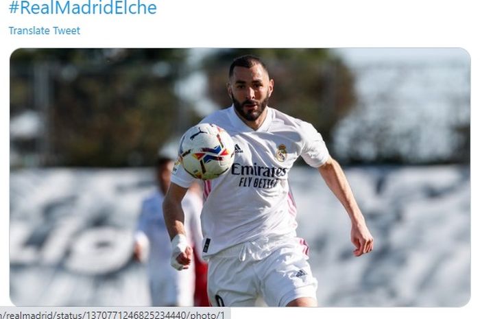 Karim Benzema mencetak dua gol yang membantu Real Madrid menang comeback saat berjumpa Elche di pekan ke-27 Liga Spanyol 2020-2021.