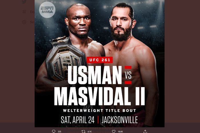 Pertarungan ulang antara Kamaru Usman dan Jorge Masvidal resmi menjadi main event UFC 261 pada 24 April mendatang.