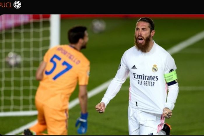 Sergio Ramos turut menyumbang satu gol dalam kemenangan 3-1 Real Madrid atas Atalanta pada laga leg kedua babak 16 besar Liga Champions 2020-2021.