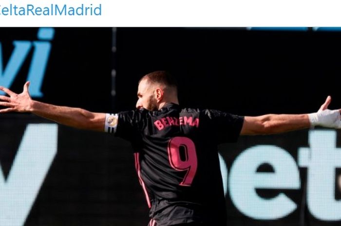 Striker Real Madrid, Karim Benzema, tampil trengginas, Real Madrid sementara unggul 2-1 atas Celta Vigo.