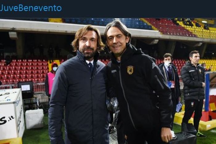 Andrea Pirlo (kiri) dan Filippo Inzaghi berpose dalam duel Juventus vs Benevento di Liga Italia.