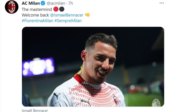 AC Milan menyambut kembalinya Ismael Bennacer ke dalam skuad dalam laga melawan Fiorentina di Liga Italia, Minggu (21/3/2021) di Artemio Franchi.