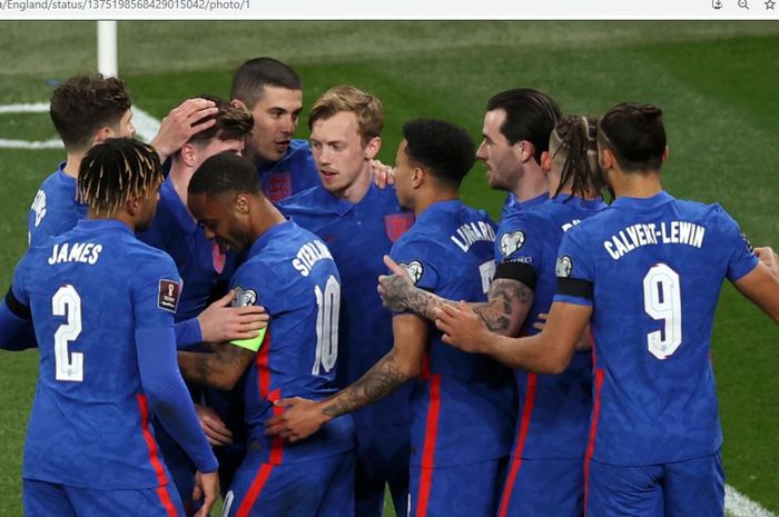 Para pemain timnas Inggris merayakan gol ke gawang San Marino pada ajang kualifikasi Piala Dunia 2022 Grup I, Kamis (25/3/2021).