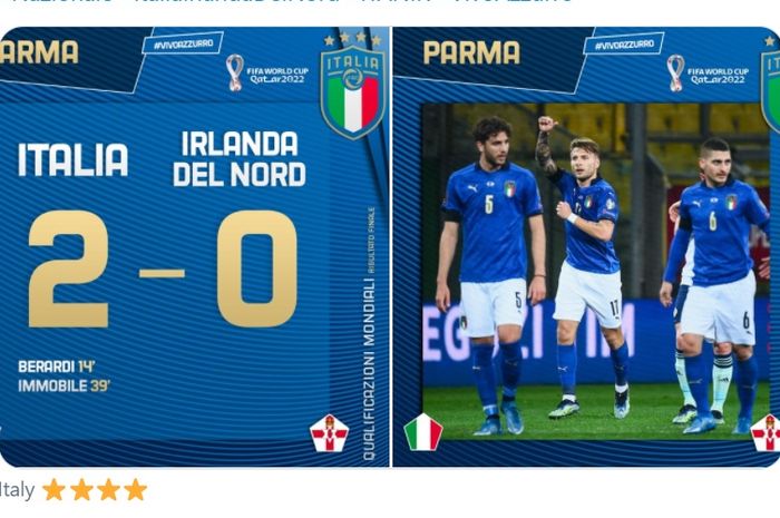 Italia mengalahkan Irlandia Utara 2-0 dalam laga pertama Grup C Kualifikasi Piala Dunia 2022 zona Eropa, Kamis (25/3/2020) di Parma.