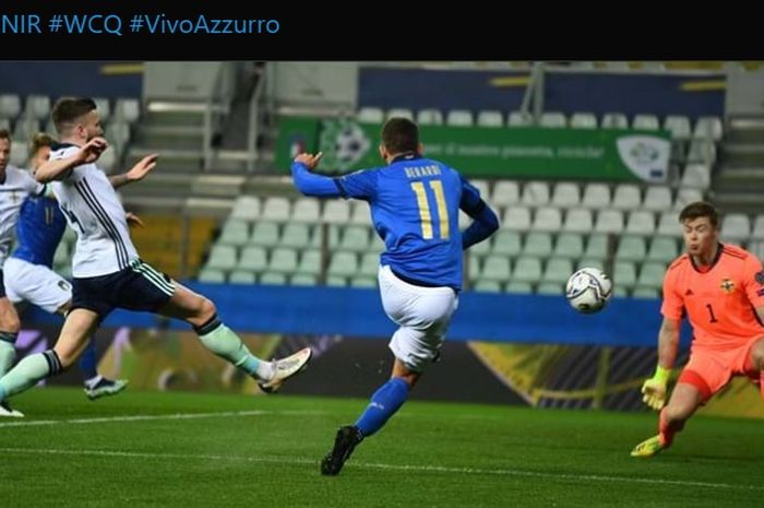 Momen timnas Italia meraih kemenangan 2-0 atas timnas Irlandia Utara pada laga perdana Grup C Kualifikasi Piala Dunia 2022 zona Eropa.