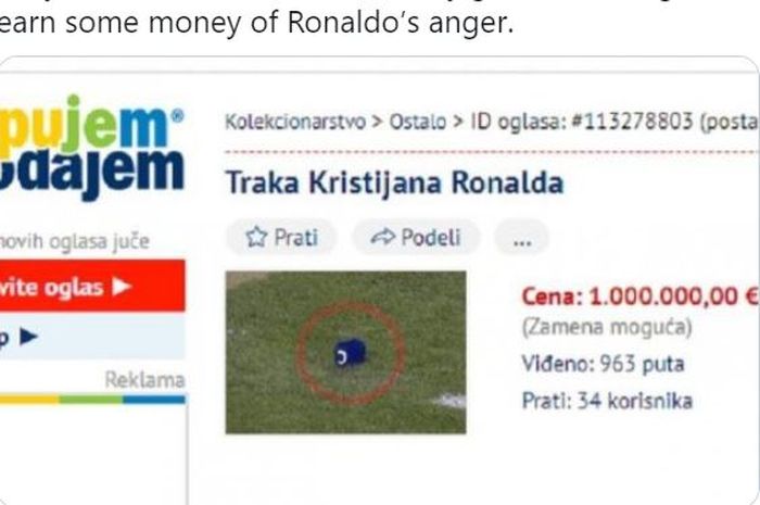 Ban kapten timnas Portugal yang dibuang Cristiano Ronaldo dijual seharga Rp 17 miliar di online shop Serbia.