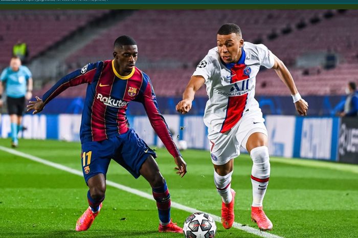 Momen duel Ousmane Dembele dan Kylian Mbappe kala Barcelona bentrok dengan PSG di babak 16 besar Liga Champions 2020-2021.