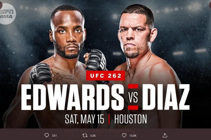 Leon Edwards dan Nate Diaz dijadwalkan bertanding pada UFC 262 di Toyota Center, Texas, Amerika Serikat, 12 Mei 2021.