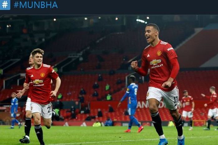 Mason Greenwood mencetak gol penentu kemenangan Manchester United atas Brighton and Hove Albion di Liga Inggris, 4 April 2021.