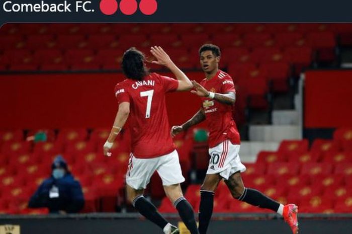 Marcus Rashford (kanan) menginisiasi kebangkitan Manchester United atas Brighton and Hove Albion di Liga Inggris, 4 April 2021.