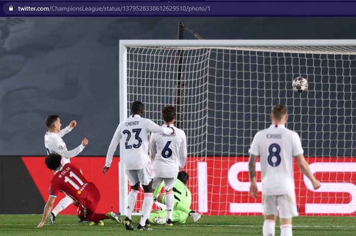 Gol bomber Liverpool, Mohamed Salah, ke gawang Real Madrid dalam babak perempat final Liga Champions 2020-2021 pada Selasa (6/4/2021) waktu setempat atau Rabu pukul 02.00 WIB. 