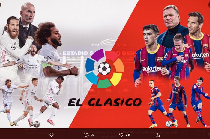 Link live streaming El Clasico Real Madrid vs Barcelona pada lanjutan Liga Spanyol pekan ke-30, Minggu (11/4/2021) dini hari pukul 01.55 WIB.