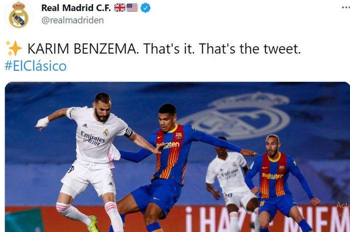 Karim Benzema mencetak gol dengan backheel ke gawang Barcelona dalam partai bertajuk el clasico di Stadion Alfredo di Stefano, Sabtu (10/4/2021) atau Minggu dini hari WIB.