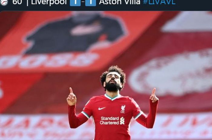 Mohamed Salah mencetak gol Liverpool ke gawang Aston Villa di Anfield, 10 April 2021.