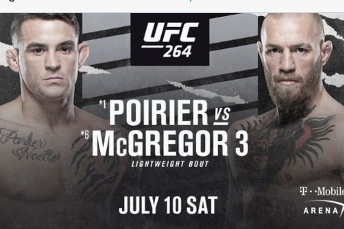 Poster pertandingan trilogi antara Dustin Poirier vs Conor McGregor di T-Mobile Arena, Las Vegas, Amerika Serikat, 10 Juli mendatang