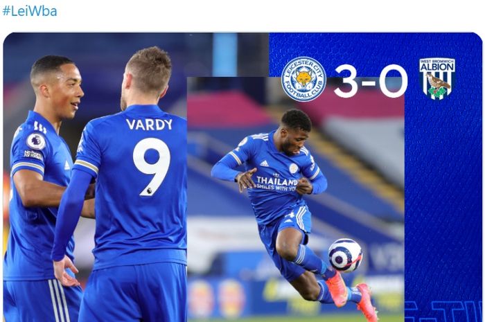 Jamie Vardy akhirnya mencetak gol lagi dan membawa Leicester City mengalahkan West Bromwich Albion 3-0 dalam lanjutan Liga Inggris, Kamis (22/4/2021) di King Power Stadium. 