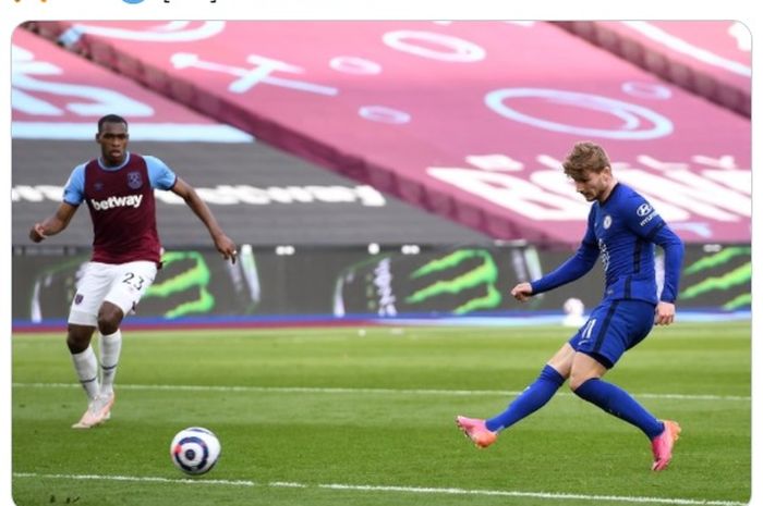 Timo Werner menjadi satu-satunya pencetak gol dalam laga West Ham United versus Chelsea di pekan ke-33 Liga Inggris 2020-2021.