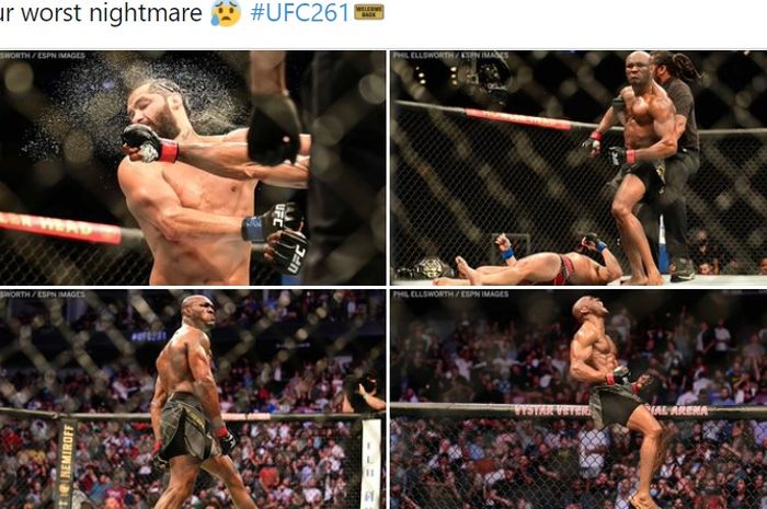 Kolase foto pertandingan Kamaru Usman dan Jorge Masvidal pada UFC 261 di Jacksonville, AS, 24 April 2021. Kamaru Usman mengalahkan Jorge Masvidal via KO.