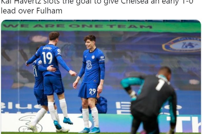 Pemain Chelsea, Kai Havertz dan Mason Mount, merayakan gol.