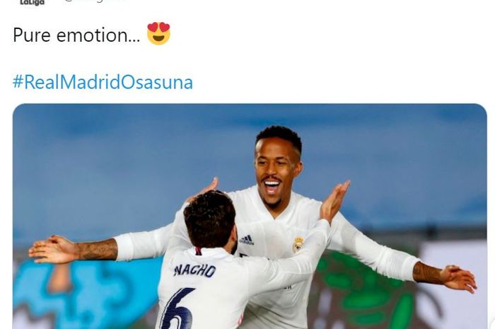 Selebrasi Eder Militao dan Nacho Fernandez saat Real Madrid menang atas Osasuna, Sabtu (1/5/2021).