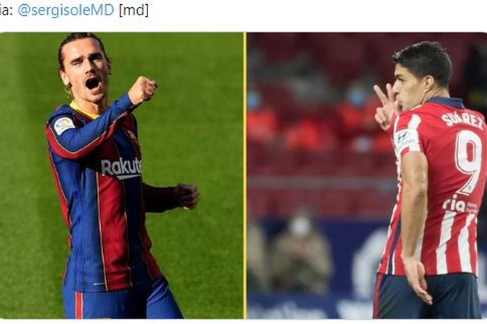 Antoine Griezmann dan Luis Suarez akan berhadapan dengan mantan klub mereka ketika Barcelona menjamu Atletico Madrid dalam lanjutan Liga Spanyol.