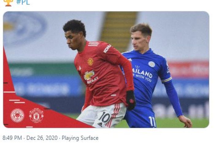 Momen ketika Marcus Rashford (kiri) berebut bola dengan Harvey Barnes dalam laga Leicester City versus Manchester United pada pekan ke-15 Liga Inggris 2020-2021.