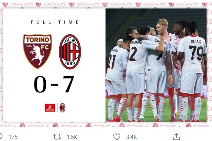 AC Milan mengalahkan Torino 7-0 dalam laga pekan ke-36 Liga Italia, Rabu (12/5/2021) di Stadion Olimpiade Turin.