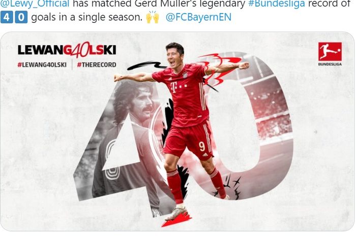 Robert Lewandowski menyamai rekor mencetak 40 gol dalam satu musim Bundesliga yang dibuat Gerd Mueller pada 1971-1972.