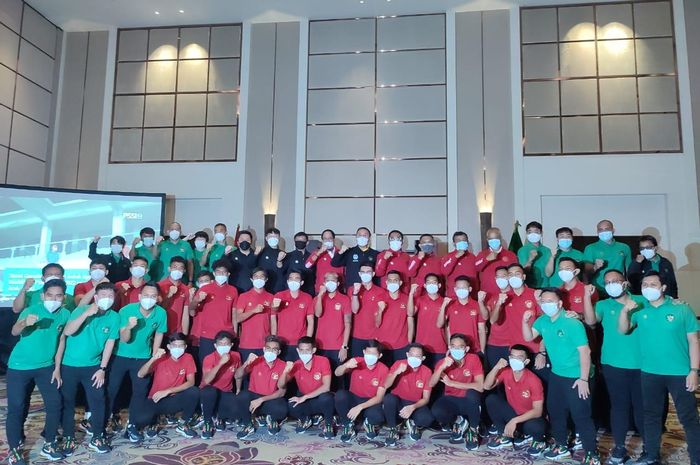 Pelepasan timnas Indonesia ke Dubai, Uni Emirat Arab, di Hotel Fairmont, Jakarta Pusat, Minggu (16/5/2021).