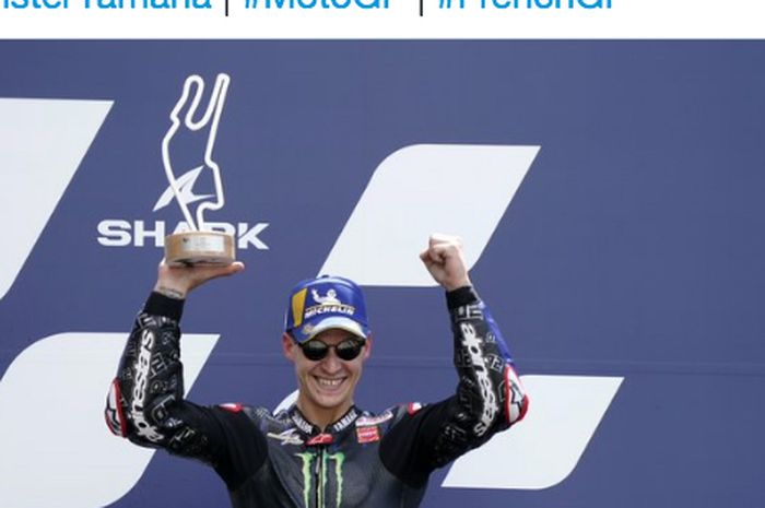 Pembalap Monster Energy Yamaha, Fabio Quartararo, saat meraih podium ketiga pada balapan seri kelima MotoGP Prancis 2021, di Sirkuit Le Mans, Minggu (16/5/2021).